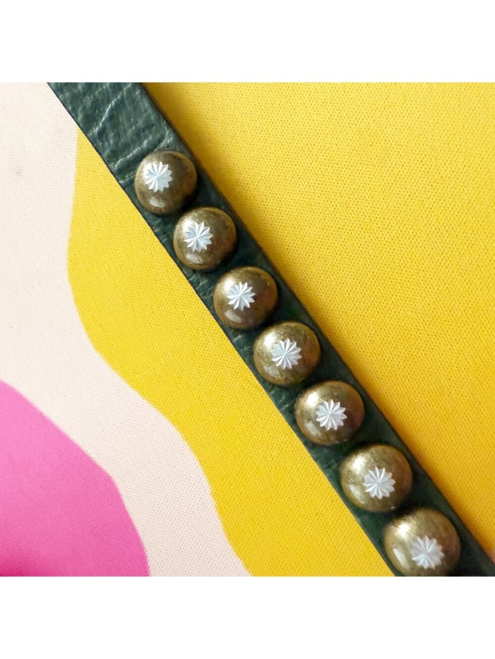 Ronald Pineau Skinny Green Brass Studded .75" Leather Belt M - Picture 5 of 5
